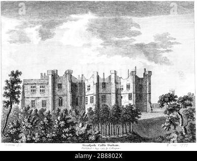 Un'incisione di Branspeth Castle Durham scansionata ad alta risoluzione da un libro pubblicato nel 1784. Questa immagine è ritenuta priva di tutti i diritti d'autore. Foto Stock