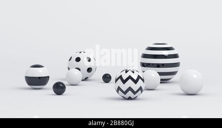 Rappresentazione 3d astratta di sfere, composizione con forme geometriche, moderno disegno di fondo Foto Stock