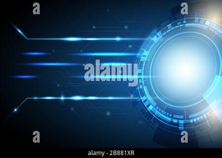 Sfondo tecnologico astratto con cerchio di innovazione, fascio di luce e schema circuitale. Illustrazione Vettoriale