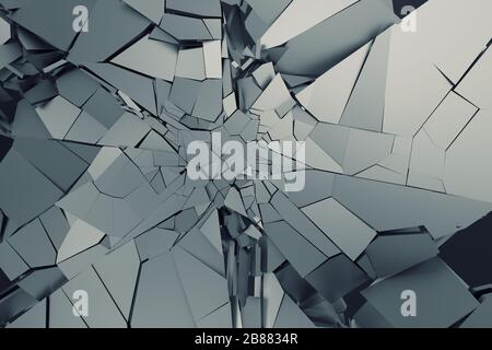Rendering 3D astratto della superficie incrinata. Sfondo con forma spezzata. Distruzione delle mura. Scoppio di detriti. Moderna illustrazione cgi. Foto Stock