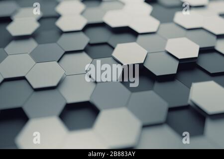 Rendering 3D astratto della superficie futuristica con esagoni. Sfondo fantascientifico contemporaneo con effetto bokeh. Design poster. Foto Stock