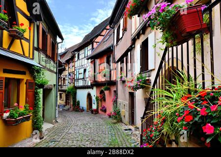 Pittoresco colorato viale di ciottoli nella città alsaziana di Eguisheim, Francia Foto Stock