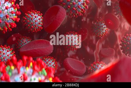 Coronavirus COVID-19 nel sangue. Nuovo concetto di coronavirus. Epidemia di influenza e coronavirus influenza. Pandemia virale. Primo piano del virus del microscopio. rendering 3d. Foto Stock