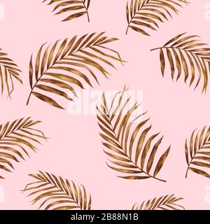 Illustrazione dell'acquerello disegnata a mano di cocco. Motivo tropicale rosa Seamlessgold. Foto Stock