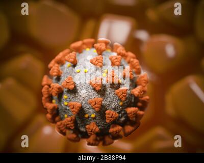 Covid-19 virus pandemico a cellule di Coronavirus con DOF artistico poco profondo. rendering 3d, illustrazione 3d Foto Stock