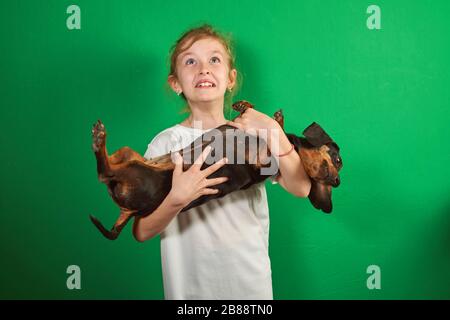 ragazza con un cane su un chromakey Foto Stock