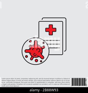 Virus, batteri e forma medica, documento, riga del certificato, icona lineare, simbolo, segno coronavirus, icona COVID-19, logo nero e rosso su sfondo bianco Illustrazione Vettoriale