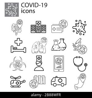 Set coronavirus, COVID-19, 2019-ncov icona, simbolo, segno, linea logo, nero lineare su sfondo bianco. Virus, batteri, ambulanza, microscopio, stetosc Illustrazione Vettoriale