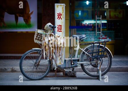 Il pesce si asciuga su una bici dei pescatori in un hutong/backstreet di Shanghai, Cina Foto Stock