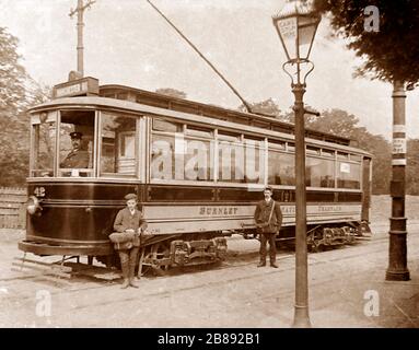 Tram elettrico a ponte singolo, Burnley, Lancashire, primi del 1900 Foto Stock