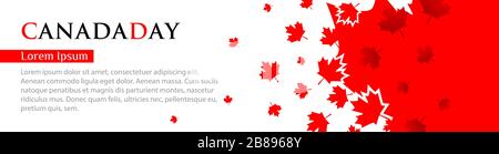 Banner panoramico per il Canada Day. Le foglie di acero rosso volano su uno sfondo bianco. Modello con posto per il testo, spazio di copia Illustrazione Vettoriale