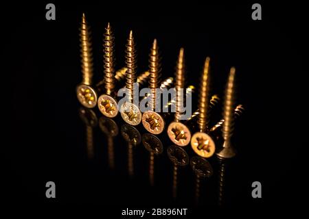 Gruppo di viti lucide dorate disposte su sfondo nero e specchio Foto Stock