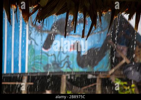 Dipinti esotici sulle case indiane della tribù Ticuna comunità, Mocagua, Amazon Rain Forest, Colombia, Sud America. Foto Stock