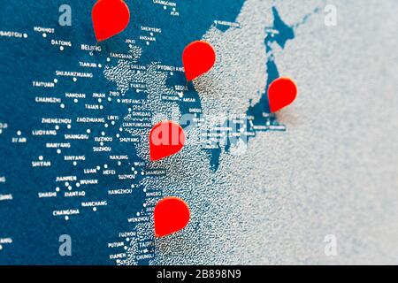 Mappa dell'Asia orientale con pin Foto Stock