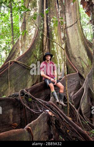 Ragazzo seduto sulle radici di rinforzo del gigante albero Oje nella foresta amazzonica Rain, dando un senso di scala. Perù, Sud America. Foto Stock