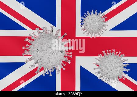 3D render: Scoppio del nuovo Coronavirus 2019-nCoV COVID-19 in Gran Bretagna - Schema di un virus della famiglia Corona sulla bandiera britannica Foto Stock