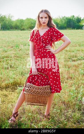 Ritratto all'aperto della bella giovane ragazza in abito rosso con cesto in mano. Effetto di vecchia pellicola con grano Foto Stock