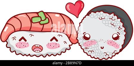 kawaii sushi pesce e rotolo di riso amore alimentare giapponese cartoon vettoriale illustrazione sushi e rotoli Illustrazione Vettoriale