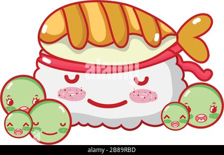 kawaii sushi pesce e piselli cibo giapponese cartoon vettoriale illustrazione sushi e rotoli Illustrazione Vettoriale