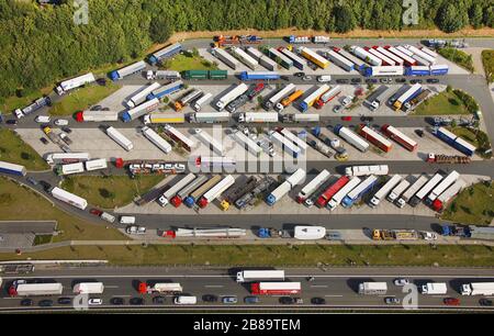 , Truck roadhouse Rhynern-North sulla A2 vicino Hamm, 19.07.2011, vista aerea, Germania, Nord Reno-Westfalia, Ruhr Area, Hamm Foto Stock