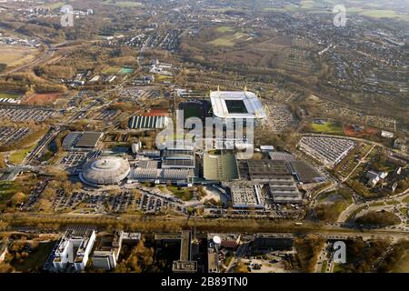 , lo stadio Westphalia (Signal Iduna Park), lo stadio Rote Erde e la Westphalia hall a Dortmund, 19.03.2011, vista aerea, Germania, Nord Reno-Westfalia, Ruhr Area, Dortmund Foto Stock