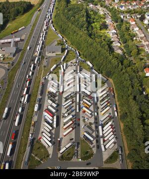 , Truck roadhouse Rhynern-North sulla A2 vicino Hamm, 19.07.2011, vista aerea, Germania, Nord Reno-Westfalia, Ruhr Area, Hamm Foto Stock