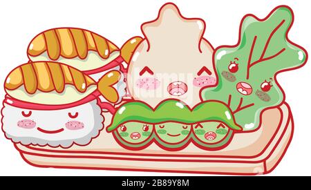 kawaii sushi gnocchi piselli e lattuga cibo cartoni animati giapponesi illustrazione vettoriale sushi e rotoli Illustrazione Vettoriale
