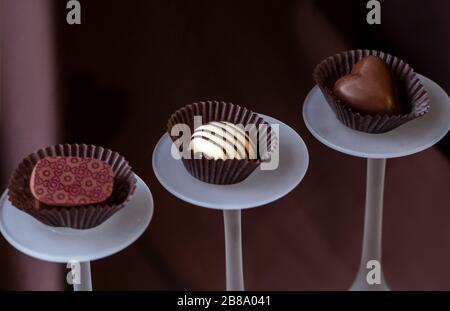 Una varietà di raffinati cioccolatini sono esposti su piedistalli di vetro durante una festa di degustazione di cioccolato Foto Stock