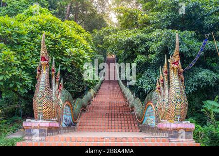 Scale con statue Naga sulla strada fino a Phra That Doi Suthep Tempio Foto Stock