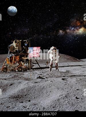 Astronauta sulla missione di atterraggio lunare (luna). Elementi di questa immagine forniti dalla NASA. Foto Stock