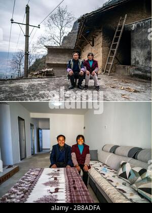 (200321) -- PECHINO, 21 marzo 2020 (Xinhua) -- Foto Combo mostra il villager Yan Fugao e sua moglie Wang Daxiang in posa per una foto di gruppo di fronte alla loro vecchia casa a Luoqiu Village a Daxing città di Yongshan County, sud-ovest della Cina Yunnan provincia, marzo 14, 2020 (up) e nella loro nuova casa nella zona di reinsediamento di Maojiawan per le persone impoverite nella Contea di Ludian di Yunnan, 15 marzo 2020. Immerso nelle montagne della provincia di Yunnan della Cina sudoccidentale, il villaggio di Luoqiu ospita solo decine di famiglie sparse nella valle di montagna. Il Villager Yan Fugao e sua moglie Wang Daxiang lo hanno vissuto Foto Stock