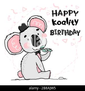 Simpatico disegno contorno felice grigio e rosa koala indossare cappello nero e arco, felice compleanno koality. Animale carattere piatto vettore idea per biglietto di auguri, ki Illustrazione Vettoriale