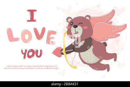 piatto vettore cute orso peloso cupido con arco di cuore e freccia, vi amo testo, idea per la carta di San Valentino, biglietto di auguri e tee bambino Illustrazione Vettoriale