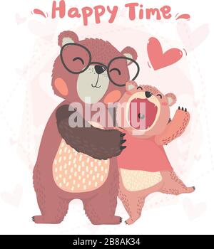 piatto vettore carino felice papà e figlio autunno teddy orso sorriso, abbraccio con tempo felice, carta di san valentino, carino animale personaggio idea per bambino e capretto principa Illustrazione Vettoriale