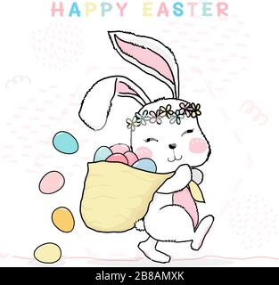 cute disegno linea fiore wreath bunny felice pasqua tenendo sacco di uova colorate pastello Illustrazione Vettoriale