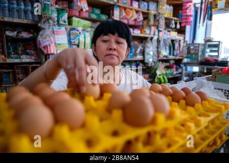 Le donne indonesiane asiatiche che organizzano le uova all'interno di un piccolo negozio di affari a conduzione familiare locale, o localmente chiamato warung. Si trova a Tasikmalaya, Indonesia. Foto Stock