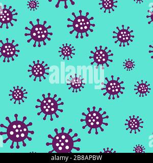 Modello senza cuciture per coronavirus. Covid-19 oggetti viola isolati su sfondo verde. Illustrazione vettoriale Illustrazione Vettoriale