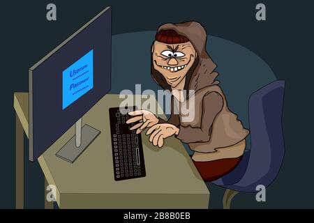 Ladro hacker con computer. Hacker uomo carattere rubare dati sensibili come password da un personal computer, cercando di hack il vettore system.Cartoon Illustrazione Vettoriale