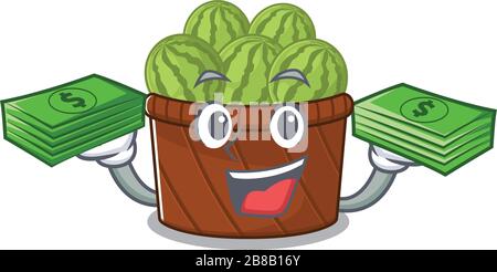 happy faccia wangelon cesto di frutta carattere avere soldi sulle mani Illustrazione Vettoriale