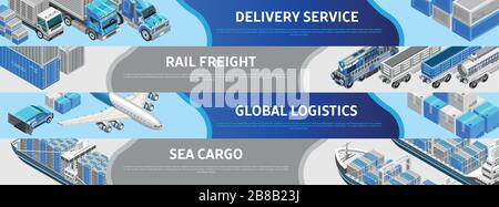 Linee isometriche composte nel disegno di Web page che presentano la logistica globale in vari sensi Illustrazione Vettoriale