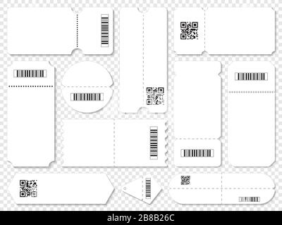 Set di semplici coupon bianchi decorati con codici a barre e codici QR Illustrazione Vettoriale