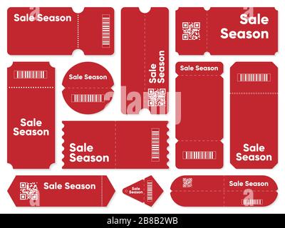 Set di buoni rossi con scrittura stagione di vendita e codici a barre con codici QR Illustrazione Vettoriale