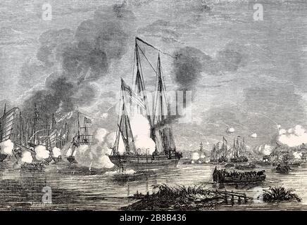 Battaglia navale tra la marina inglese e le navi spazzatura cinesi, seconda guerra dell'Opium, 1857 Foto Stock