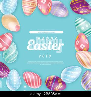 Carino Happy Easter 2019 iscrizione circondata da incredibili uova colorate Illustrazione Vettoriale