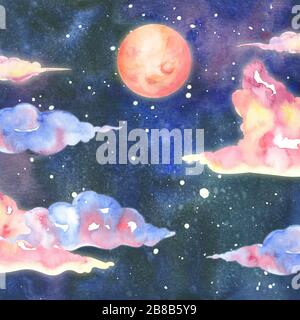illustrazione acquerello del cielo stellato di notte con la luna rosa e le nuvole colorate volanti Foto Stock