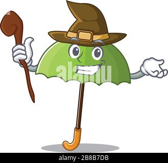 Cute e sneaky Witch verde ombrello stile di disegno cartoon Illustrazione Vettoriale