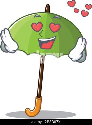 carino verde ombrello cartoon personaggio che mostra una caduta in faccia amore Illustrazione Vettoriale