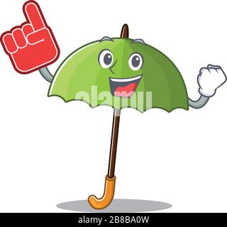 Ombrello verde mascotte stile cartone animato con dito in schiuma Illustrazione Vettoriale