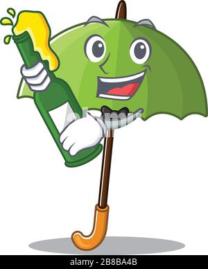 ombrello verde con bottiglia di birra mascotte stile cartone animato Illustrazione Vettoriale