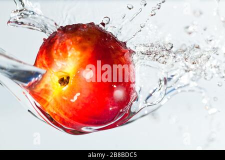 Foto di primo piano della mela rossa in acqua su sfondo bianco, spruzzi d'acqua e gocce intorno Foto Stock